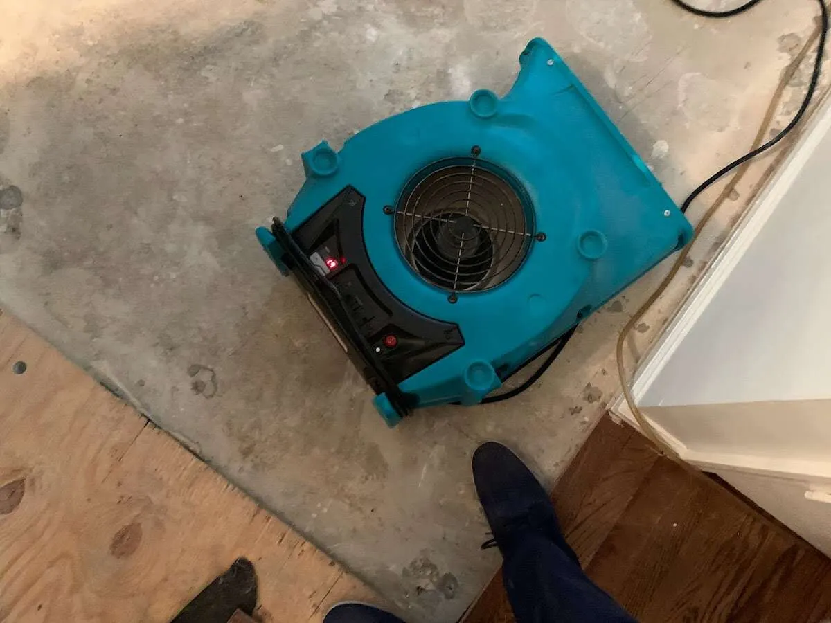 Air mover drying subfloor during Leak Detection & Repair in Clearfield